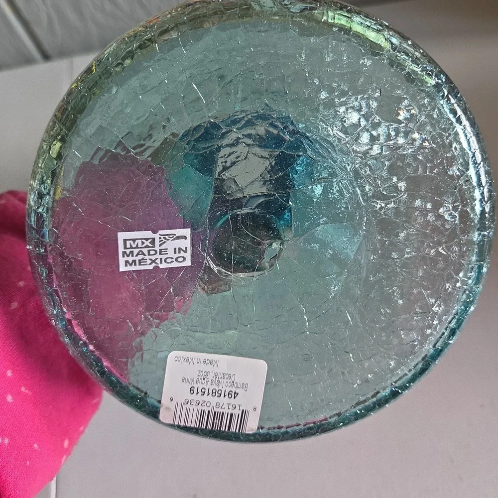 Vintage Hand Blown Crackle Art Glass Aqua Blue Rim Decanter Carafe Vase Mexico